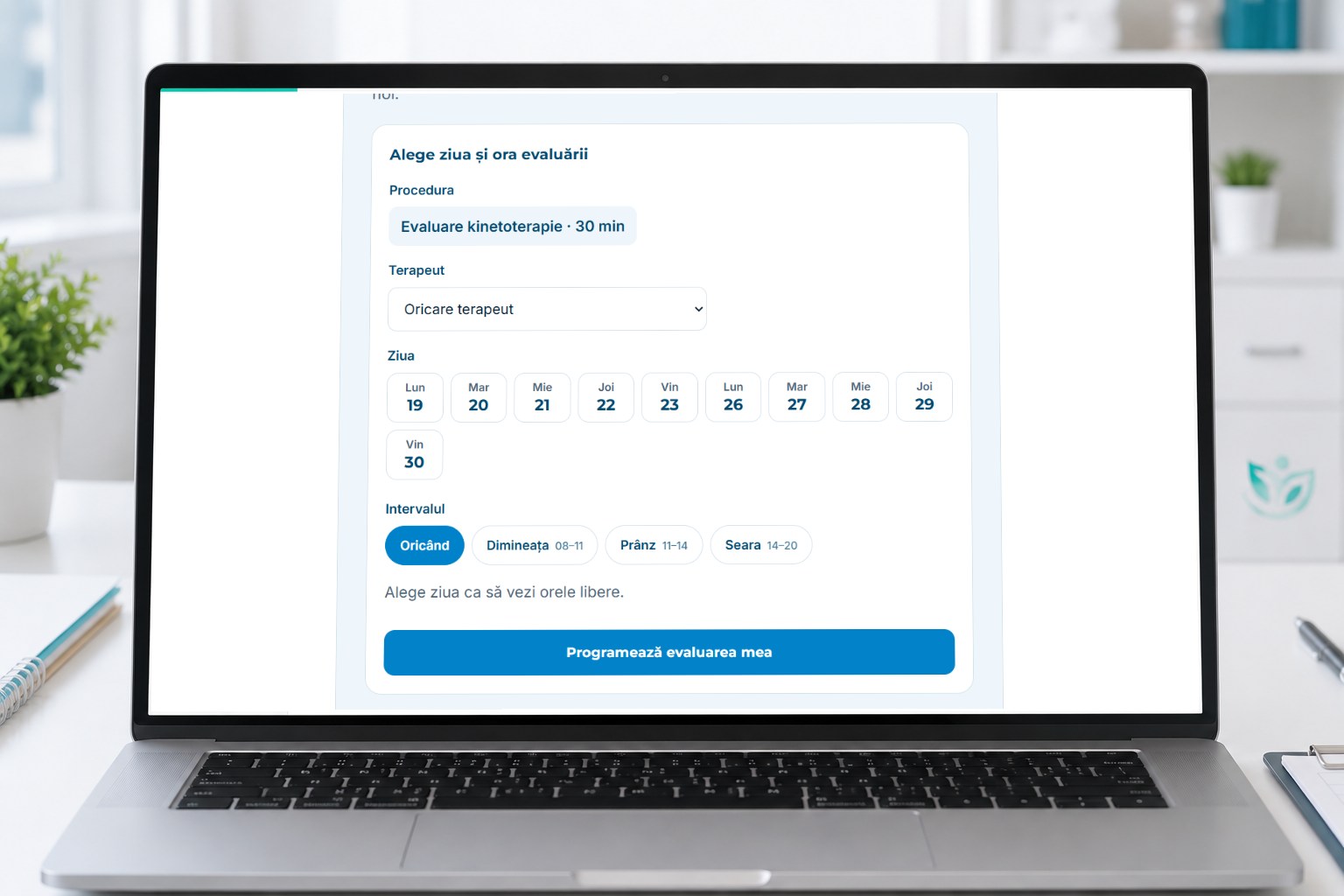 Programări online. formularul de programare pe site-ul clinicii, cu alegerea serviciului și a orei.