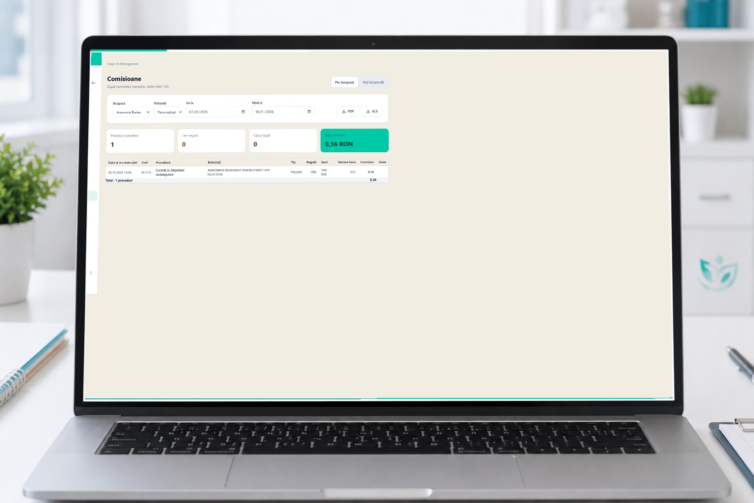 raportul per terapeut, cu exportul PDF și Excel.