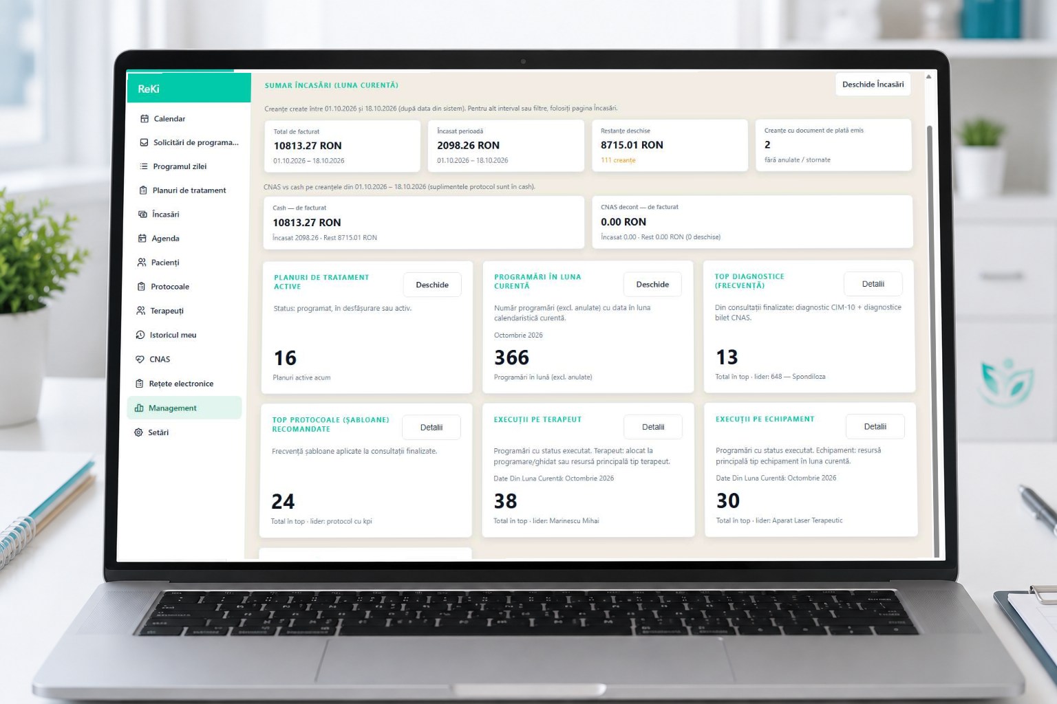 sumarul CNAS și cash din dashboard.