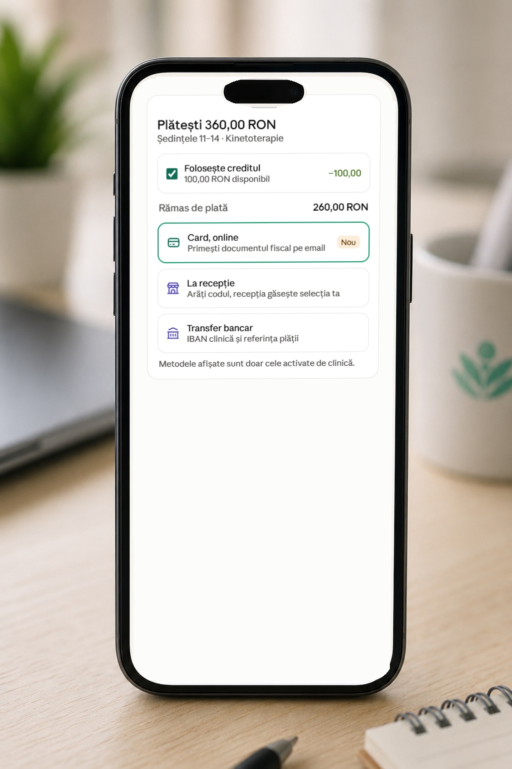 alegerea metodei de plată din cont, pe telefon.